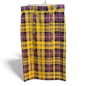 NY & Company | EUC Yellow and Purple Plaid Pencil Skirt with Faux Gold Buttons